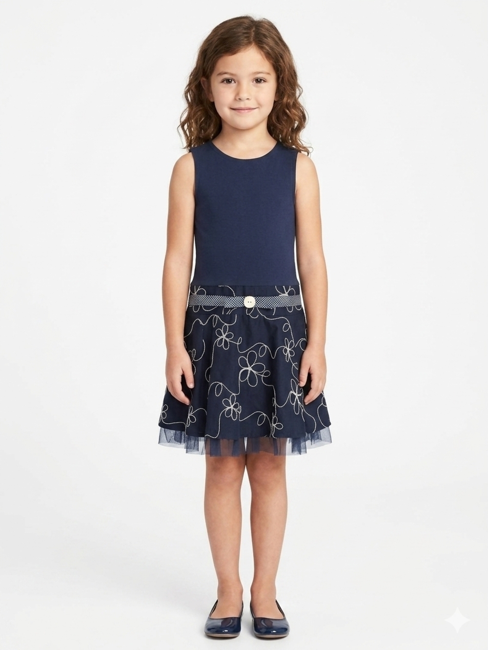 Rare Editions Navy Sleeveless Dress with Embroidered Floral Skirt